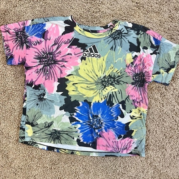 Adidas Floral Crop Top Loose Fit‎ T Shirt Colorful Girls Size Large 14 Hibiscus - Picture 7 of 7